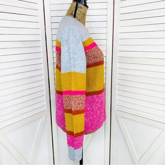 Lou & Grey for Loft Multi Stripe Chunky Knit Sweater Gray Yellow Pink Small - Picture 4 of 13